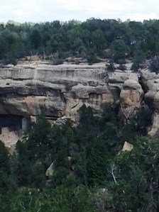 Cliff Palace exit - stone steps, three 10 foot ladders in cleft in cliff - far right