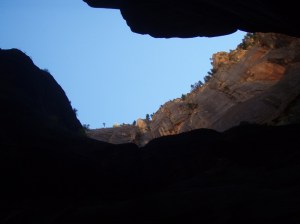 The sky above framed in the dark canyon walls